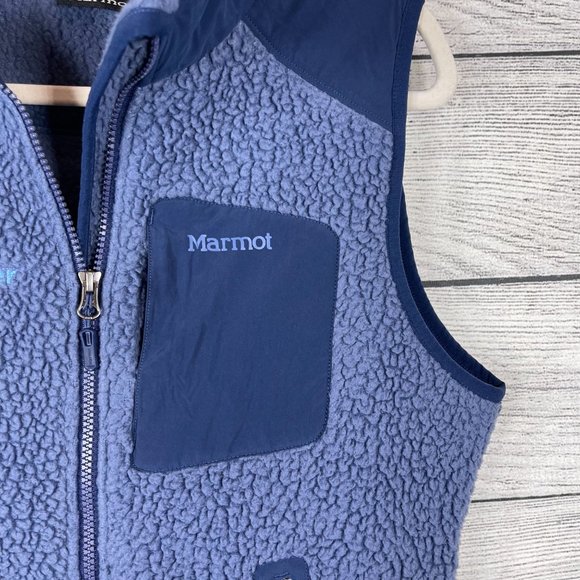 ]Marmot Wiley Polartec Sleeveless Fleece Navy Vest Zipped Sized Pockets S… - Picture 7 of 14